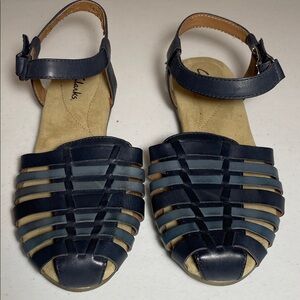 Clarks Navy Woven Leather Ankle-Strap Sandals SZ 9
